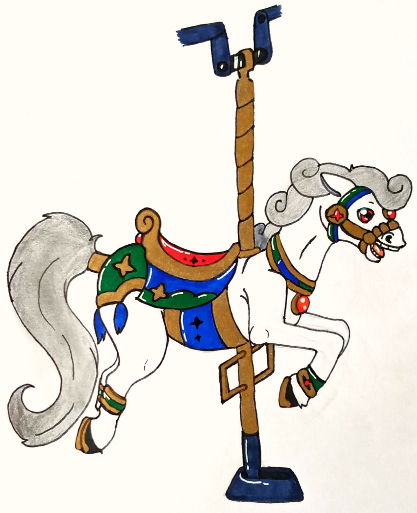 amusement_ride carousel carousel_horse carousel_pole equid equine feral fur glury_the_unown grey_body grey_fur hi_res hooves horse mammal open_mouth saddle solo teeth tongue white_body white_fur