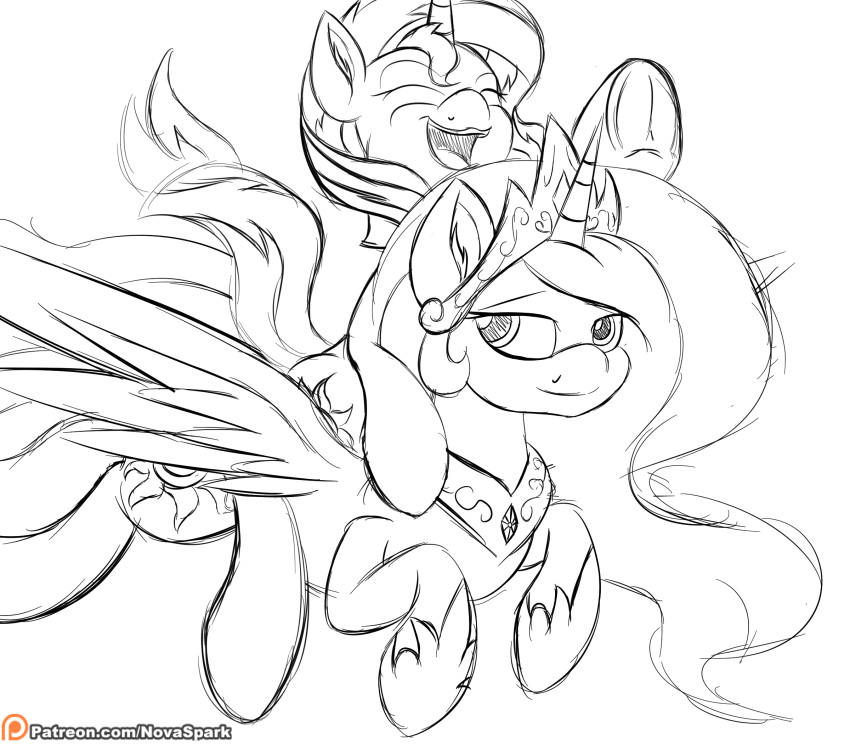 cutie_mark equestria_girls equid equine eyelashes feathered_wings feathers feral friendship_is_magic hasbro hi_res hooves horn inner_ear_fluff looking_up mammal monochrome my_little_pony novaspark open_mouth princess_celestia_(mlp) smile sunset_shimmer_(eg) tuft unicorn winged_unicorn wings