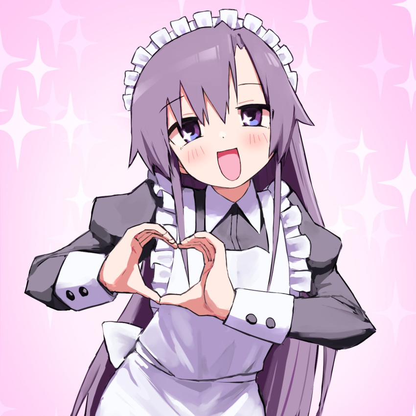 +_+ 1girl :d alternate_costume apron bangs black_dress blush collared_dress commentary_request dress enmaided eyebrows_visible_through_hair frilled_apron frills goshiki_agiri gradient gradient_background hair_between_eyes happy heart heart_hands highres kill_me_baby long_hair long_sleeves looking_at_viewer maid maid_apron maid_headdress moe_moe_kyun! open_mouth pink_background puffy_long_sleeves puffy_sleeves purple_eyes purple_hair sidelocks smile solo sparkle sparkle_background white_apron yachima_tana