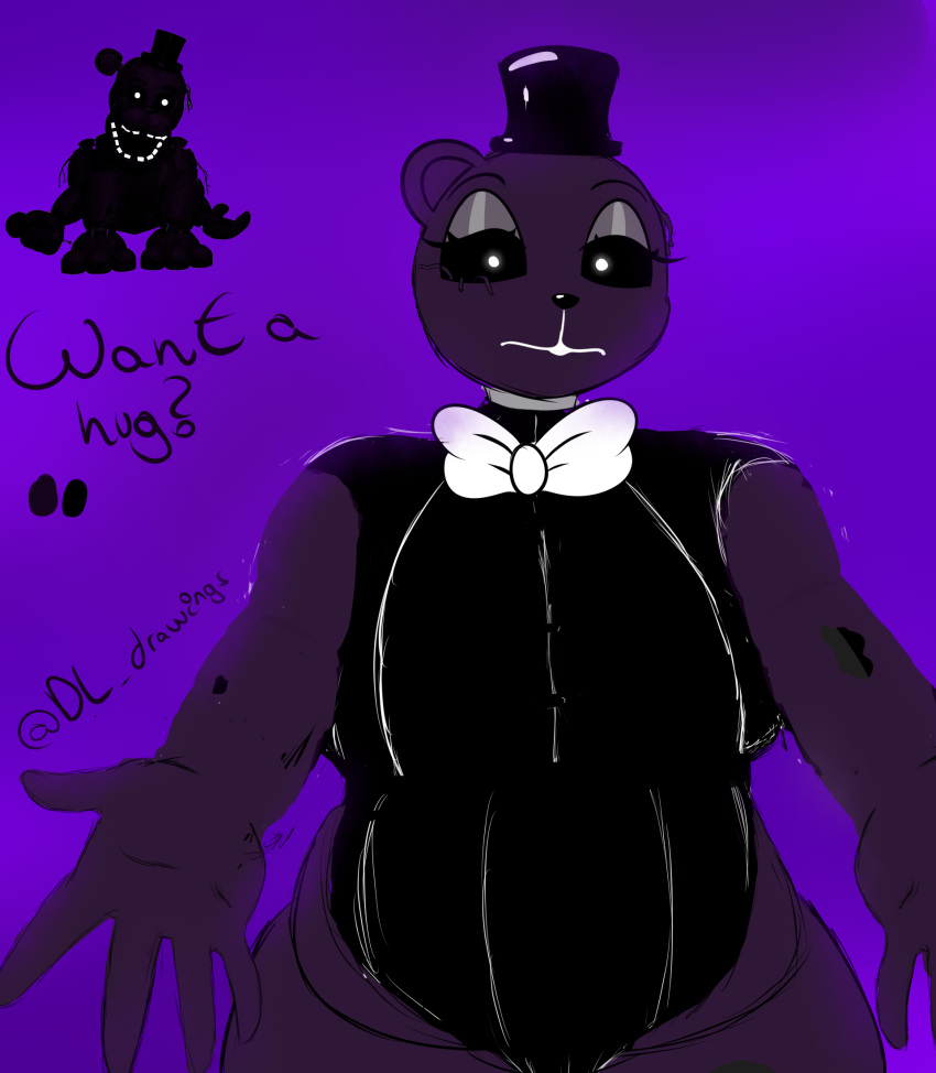 animatronic anthro big_breasts black_clothing black_hat black_headwear black_sweater black_topwear bow_tie breasts cable chubby_female clothed clothing crossgender curvy_figure desesperadoleon english_text female five_nights_at_freddy's five_nights_at_freddy's_2 hat headgear headwear hi_res huge_breasts humanoid_hands lips lipstick looking_at_viewer machine makeup mammal purple_body robot scottgames shadow_freddy_(fnaf) simple_background slightly_chubby solo sweater text thick_thighs top_hat topwear ursid ursine video_games voluptuous wide_hips
