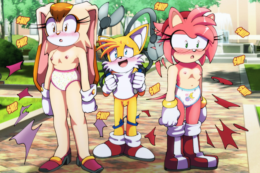 amy_rose anthro breasts canid canine clothing euf-dreamer eulipotyphlan female fox genitals group hair hair_trimming hedgehog hi_res male mammal miles_prower panties penis personal_grooming print_clothing print_panties print_underwear sega small_penis sonic_the_hedgehog_(series) styling_hair trimming_(grooming) underwear vanilla_the_rabbit wardrobe_malfunction