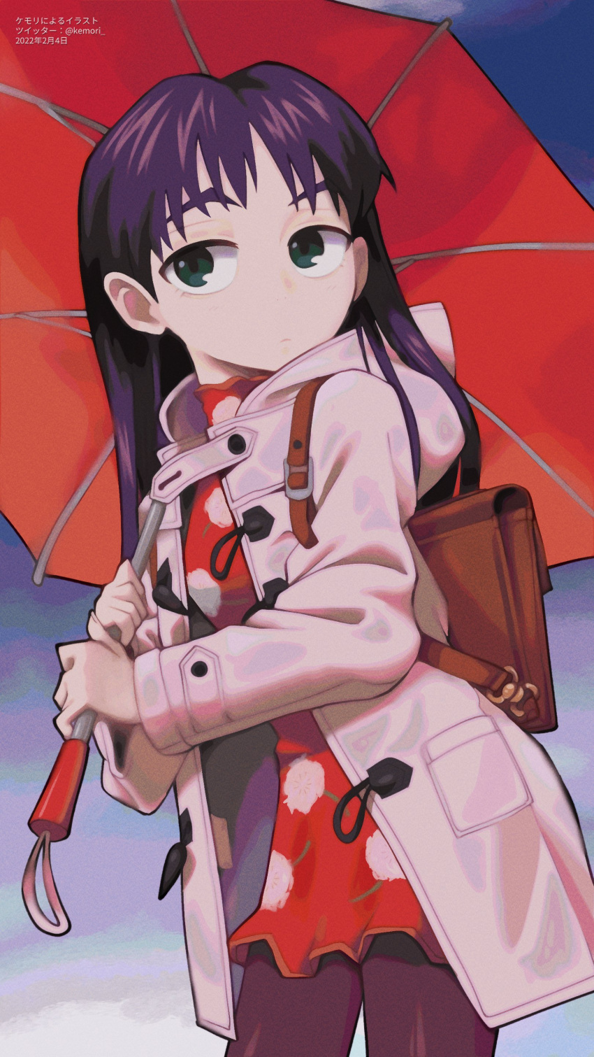 1girl absurdres black_eyes black_hair black_legwear dated eyebrows_visible_through_hair flcl highres holding holding_umbrella kemori long_hair looking_at_viewer ninamori_eri pantyhose solo twitter_username umbrella