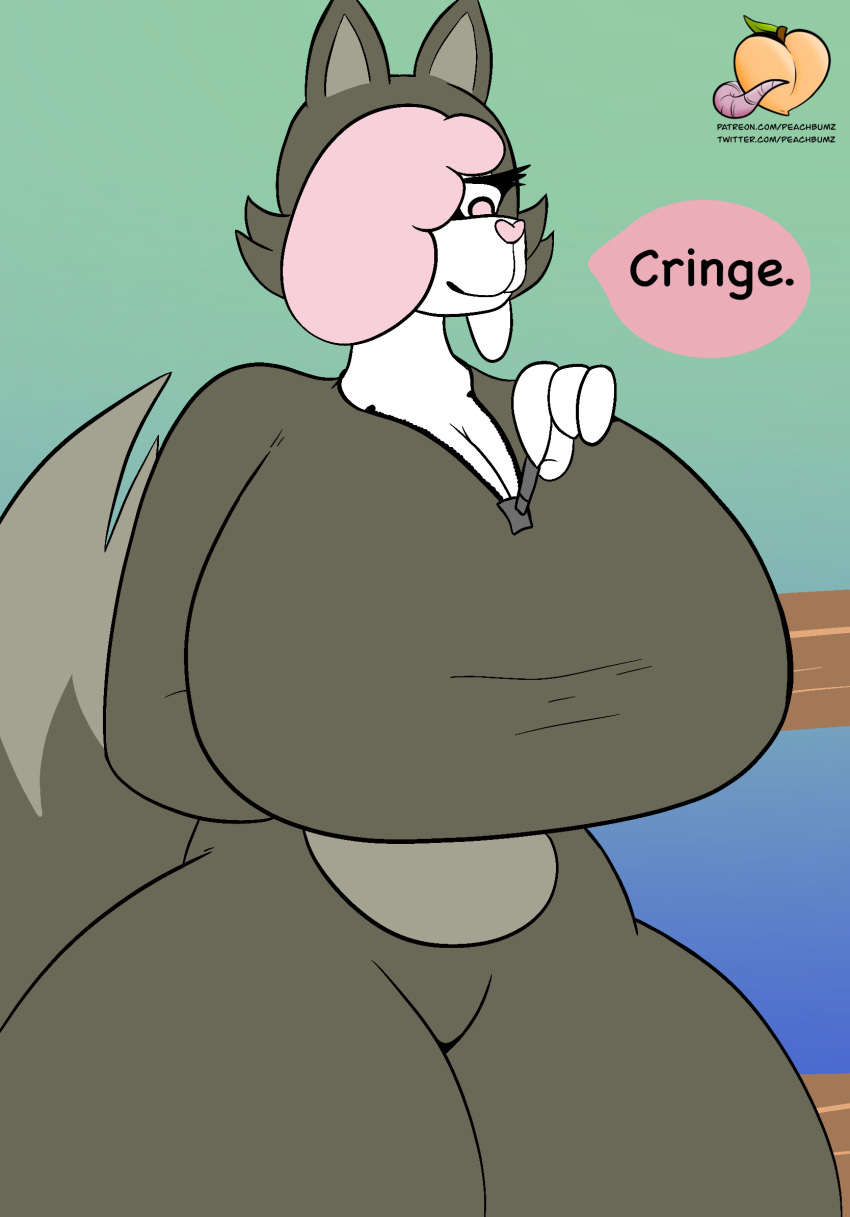4_fingers anthro big_breasts bovid bovine breasts caprine chikn_nuggit clothed clothing cofi cofi_(chikn_nuggit) female fingers hi_res huge_breasts hyper hyper_breasts mammal officialpeachbumz sheep simple_background thick_thighs wide_hips zipper
