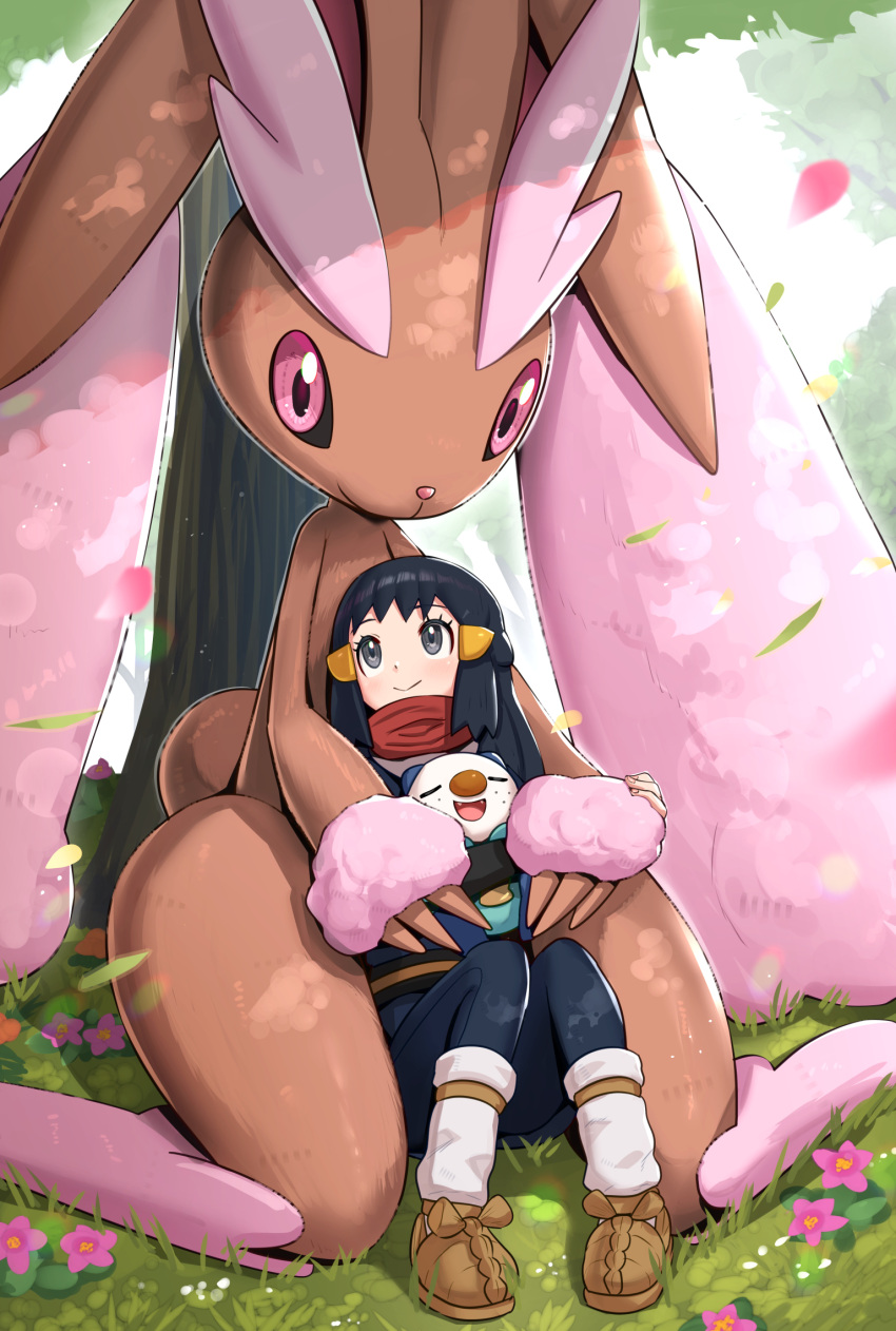 1girl akari_(pokemon) alternate_color animal bunny galaxy_expedition_team_survey_corps_uniform gonzarez highres oshawott oversized_animal pokemon pokemon_(game) pokemon_legends:_arceus red_scarf scarf shiny_pokemon