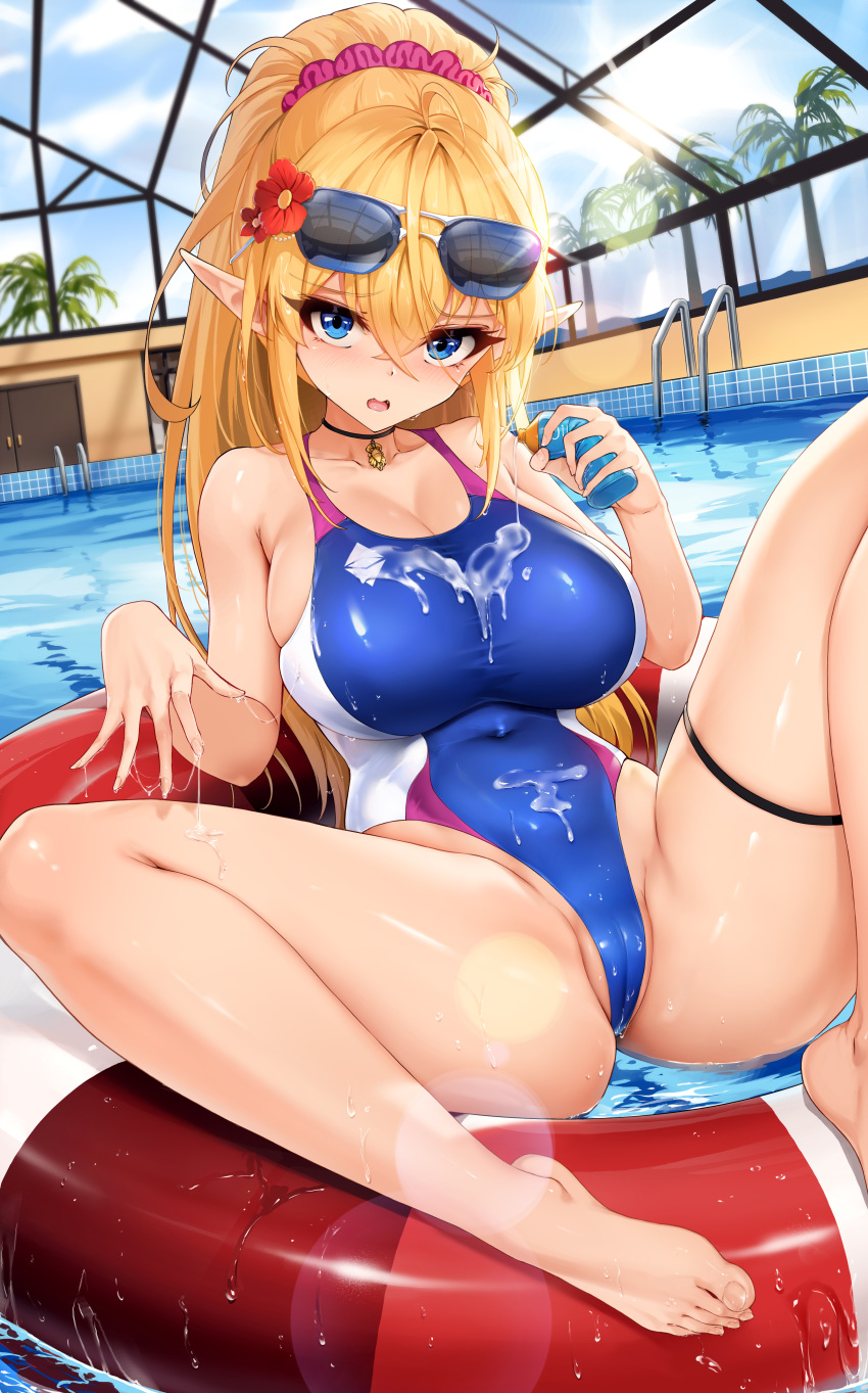 1girl absurdres ahoge bangs bare_arms bare_legs barefoot black_choker blonde_hair blue_eyes blush bottle breasts cameltoe choker commentary_request covered_navel elf eyebrows_visible_through_hair eyewear_on_head feet flower hair_between_eyes hair_flower hair_ornament highleg highleg_swimsuit highres holding holding_bottle innertube large_breasts long_hair looking_at_viewer lotion niliu_chahui one-piece_swimsuit original palm_tree partially_visible_vulva pointy_ears pool red_flower rei_no_pool solo sunglasses sunscreen swimsuit thigh_strap toes tree water