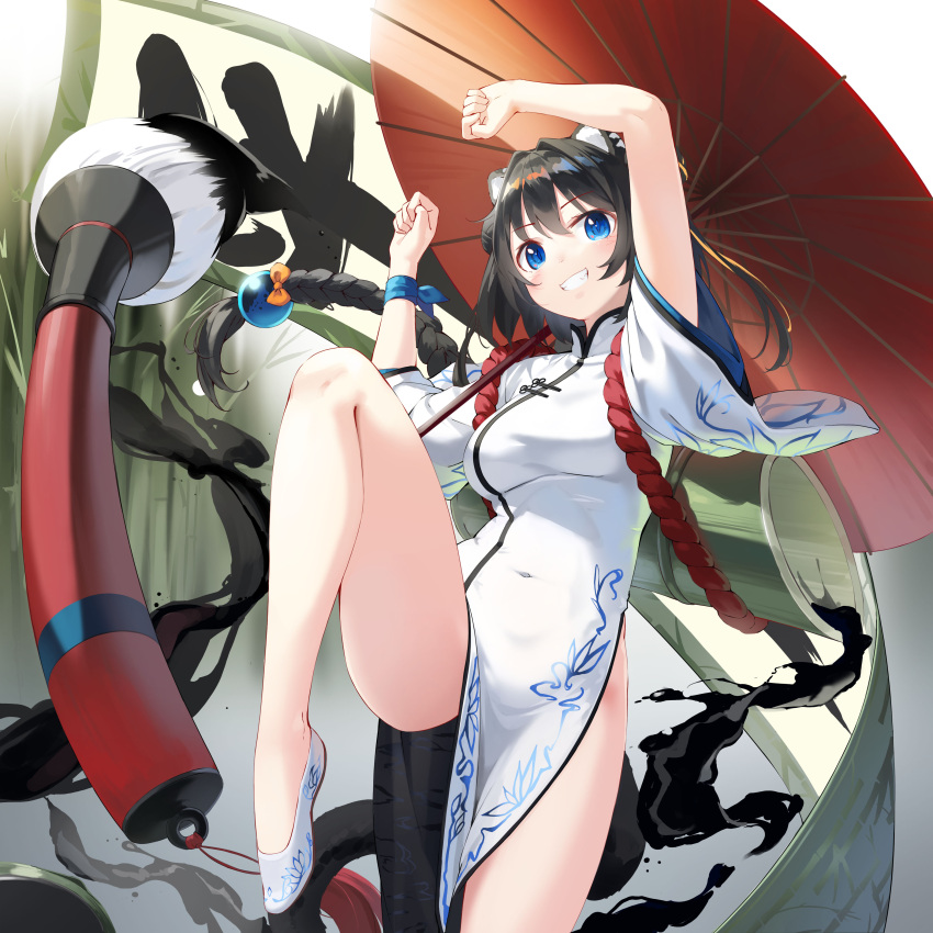 1girl absurdres animal_ears arms_up black_hair blue_eyes braid braided_ponytail calligraphy_brush cat_ears cat_girl cat_tail china_dress chinese_clothes covered_navel dress giant_brush grin hair_between_eyes highres impossible_clothes impossible_dress kimyo knee_up leg_up long_hair looking_at_viewer original paintbrush pelvic_curtain short_sleeves side_slit skin_tight smile solo tail white_footwear