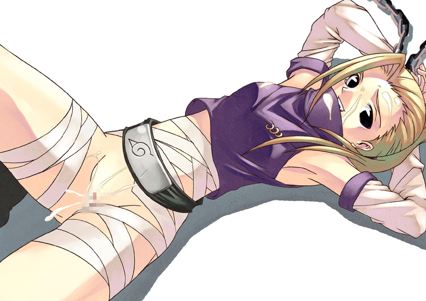 1girl armpits arms_behind_head arms_up bandage bandages black_eyes blonde_hair bottomless censored chain chains cum cum_on_body cum_on_clothes cum_on_lower_body cum_on_pussy facial forehead_protector from_above long_hair lying naruto no_panties on_back pussy solo tasaka_shinnosuke yamanaka_ino