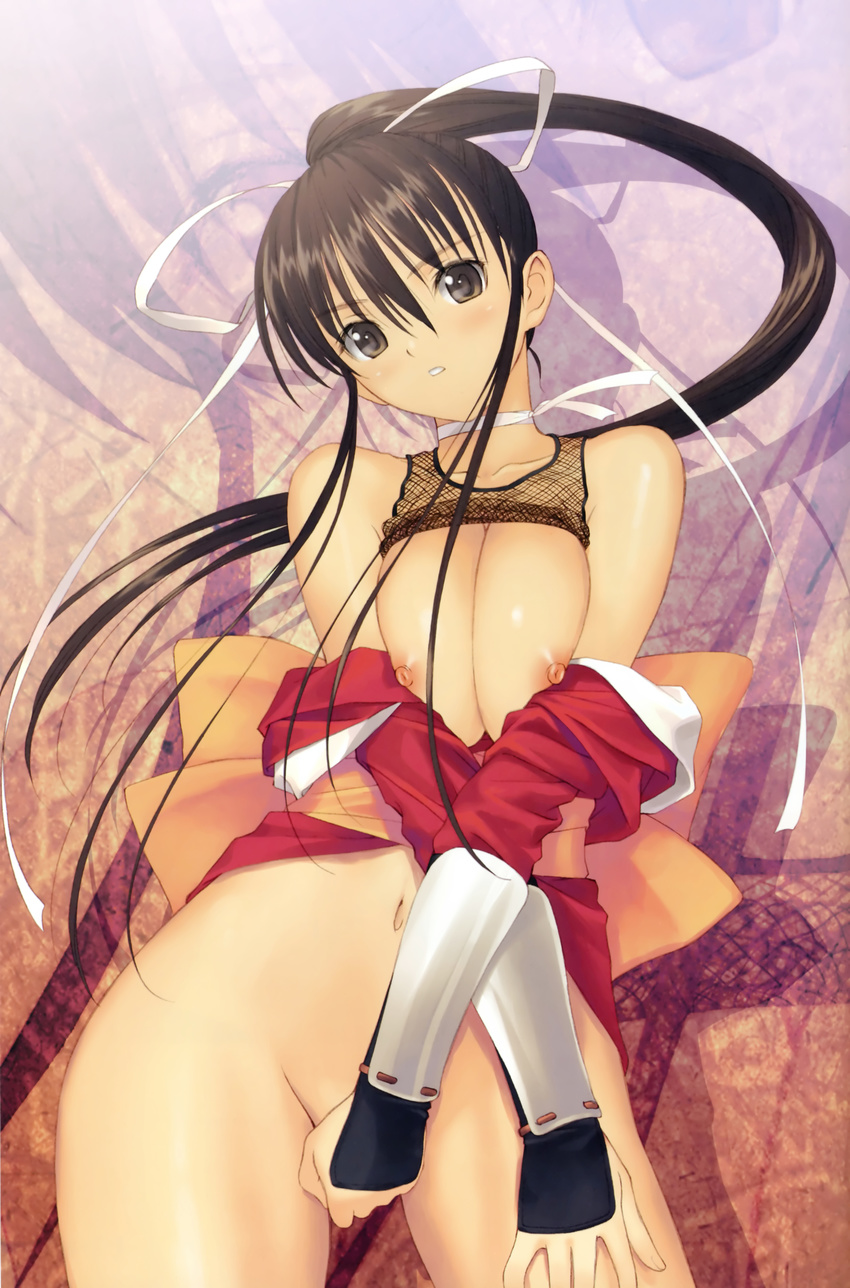 absurdres bare_shoulders black_eyes black_hair blush bottomless bow breasts choker cleavage collarbone fishnets hair_ornament hair_ribbon highres huge_breasts long_hair mitama_~shinobi~ navel nipples open_mouth ponytail ran_(mitama_~shinobi~) ribbon shirt_lift solo tanaka_takayuki undressing very_long_hair zoom_layer