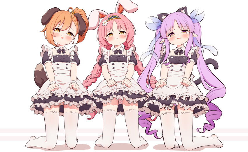 3girls alternate_costume animal_ear_fluff animal_ears apron bangs black_dress black_hairband blush braid brown_eyes brown_hair cat_ears cat_girl cat_tail closed_mouth commentary_request dog_ears dog_girl dog_tail dress enmaided eyebrows_visible_through_hair flower frilled_apron frilled_dress frills hair_between_eyes hair_flower hair_ornament hairband highres kemonomimi_mode kneeling kyouka_(princess_connect!) looking_at_viewer low_twintails maid maid_apron mimi_(princess_connect!) misogi_(princess_connect!) multiple_girls no_shoes open_mouth panties parted_bangs pink_hair princess_connect! puffy_short_sleeves puffy_sleeves purple_hair rabbit_ears setmen short_sleeves side_ponytail striped striped_panties tail tears thighhighs twin_braids twintails underwear wavy_mouth white_apron white_background white_flower white_legwear