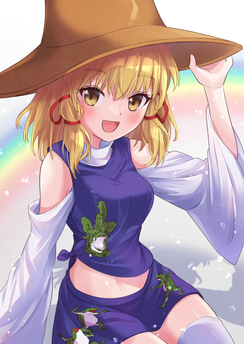 1girl :d absurdres animal_print arm_up armpit_crease bangs blonde_hair blush breasts clothing_cutout commentary_request eyelashes feet_out_of_frame frog_print hair_ribbon hand_on_headwear happy highres long_sleeves looking_at_viewer medium_breasts medium_hair midriff moriya_suwako navel open_mouth purple_skirt purple_vest pyonta ramie_(ramie541) red_ribbon ribbon shirt shoulder_cutout sidelocks sitting skirt smile solo stomach thighhighs thighs touhou tress_ribbon turtleneck vest white_legwear white_shirt white_sleeves wide_sleeves yellow_eyes