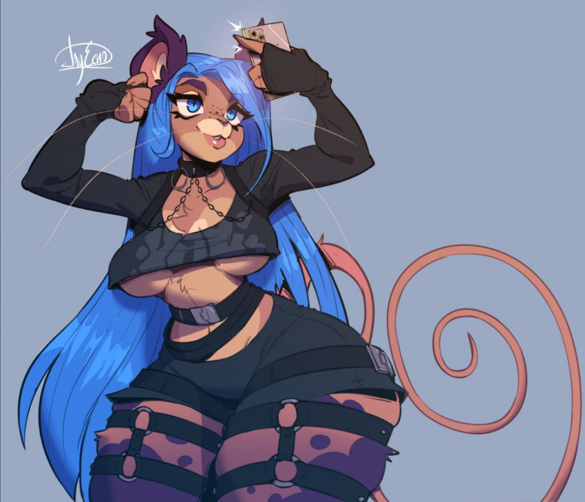 blue_hair bottomwear breasts brown_body brown_fur cellphone clothed clothing collar female fur hair hi_res holding_cellphone holding_object holding_phone jayecho mammal phone selfie short skirt solo thick_thighs