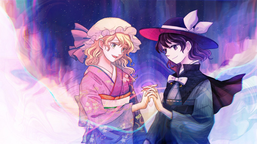 2girls :d alternate_costume black_bow black_capelet black_headwear blonde_hair bow brown_eyes brown_hair capelet closed_mouth crescent crescent_pin eyebrows_visible_through_hair floral_print green_eyes grey_kimono hat hat_bow hat_ribbon head_tilt high_collar highres holding_hands interlocked_fingers japanese_clothes katari kimono looking_at_another maribel_hearn medium_hair mob_cap multiple_girls night night_sky obi open_mouth purple_kimono purple_ribbon ribbon sash short_hair sky smile star_(sky) star_pin starry_sky striped striped_kimono teeth tongue touhou upper_body usami_renko wavy_hair white_bow white_headwear