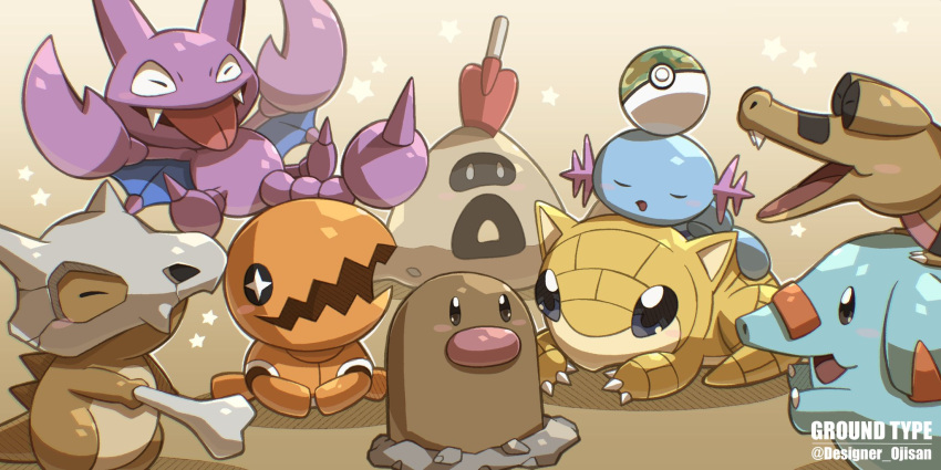 +_+ black_eyes claws closed_eyes commentary_request cubone designer_ojisan diglett fangs gligar happy highres open_mouth phanpy poke_ball pokemon pokemon_(creature) safari_ball sandile sandshrew sandygast star_(symbol) tongue tongue_out trapinch twitter_username wavy_mouth wooper