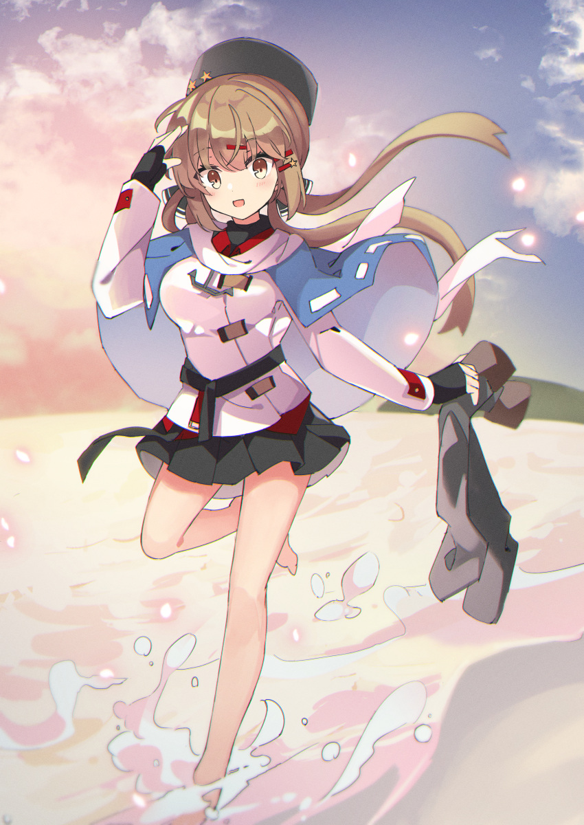 1girl absurdres anchor_necklace bare_legs beach belt black_belt black_bow black_gloves black_headwear black_skirt blue_shawl bow breasts brown_eyes brown_hair cloud cloudy_sky day fathom fingerless_gloves gloves gradient_sky hair_bow hammer_and_sickle highres jacket kantai_collection long_hair low_twintails medium_breasts ocean orange_sky outdoors pantyhose pantyhose_removed papakha red_shirt ribbon_trim russian_clothes sand scarf shawl shirt skirt sky solo sunset tashkent_(kancolle) torn_scarf twintails untucked_shirt water white_jacket white_scarf