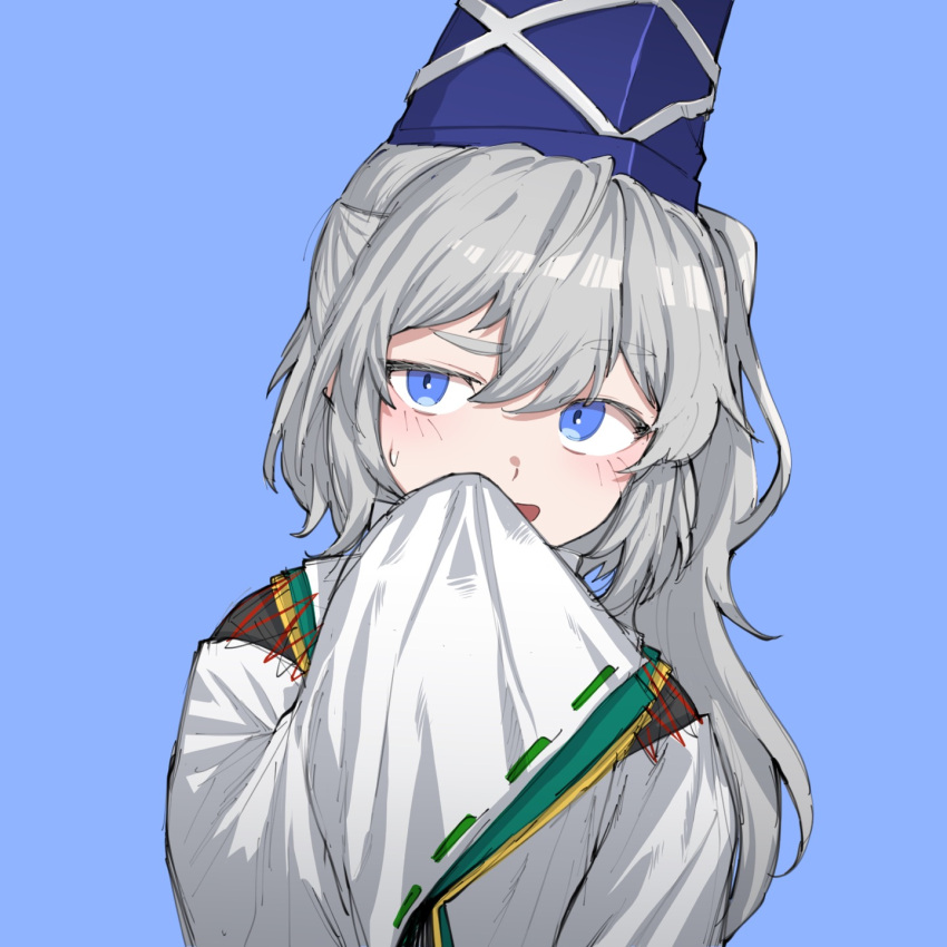 1girl :d ast.rockett bangs blue_background blue_eyes blue_headwear covering_mouth eyebrows_visible_through_hair floppy_sleeves green_ribbon hair_between_eyes hand_up hat highres japanese_clothes kariginu light_blush long_hair looking_to_the_side mononobe_no_futo ponytail raised_eyebrow ribbon ribbon-trimmed_sleeves ribbon_trim silver_hair simple_background sleeves_past_fingers sleeves_past_wrists smile solo tate_eboshi touhou upper_body white_ribbon