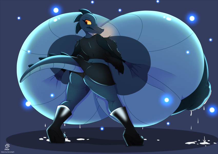 2020 2022 absurd_res anthro areola badgerben bea_santello big_breasts blue_body bodily_fluids boots bottomwear breast_expansion breasts butt clothing cornchip21 crocodile crocodilian crocodylid digital_media_(artwork) edit editor_dagneo expansion female footwear hi_res huge_breasts hyper hyper_breasts lactating looking_back night_in_the_woods nipples non-mammal_breasts reptile scalie skirt solo teeth torn_clothing video_games yellow_sclera