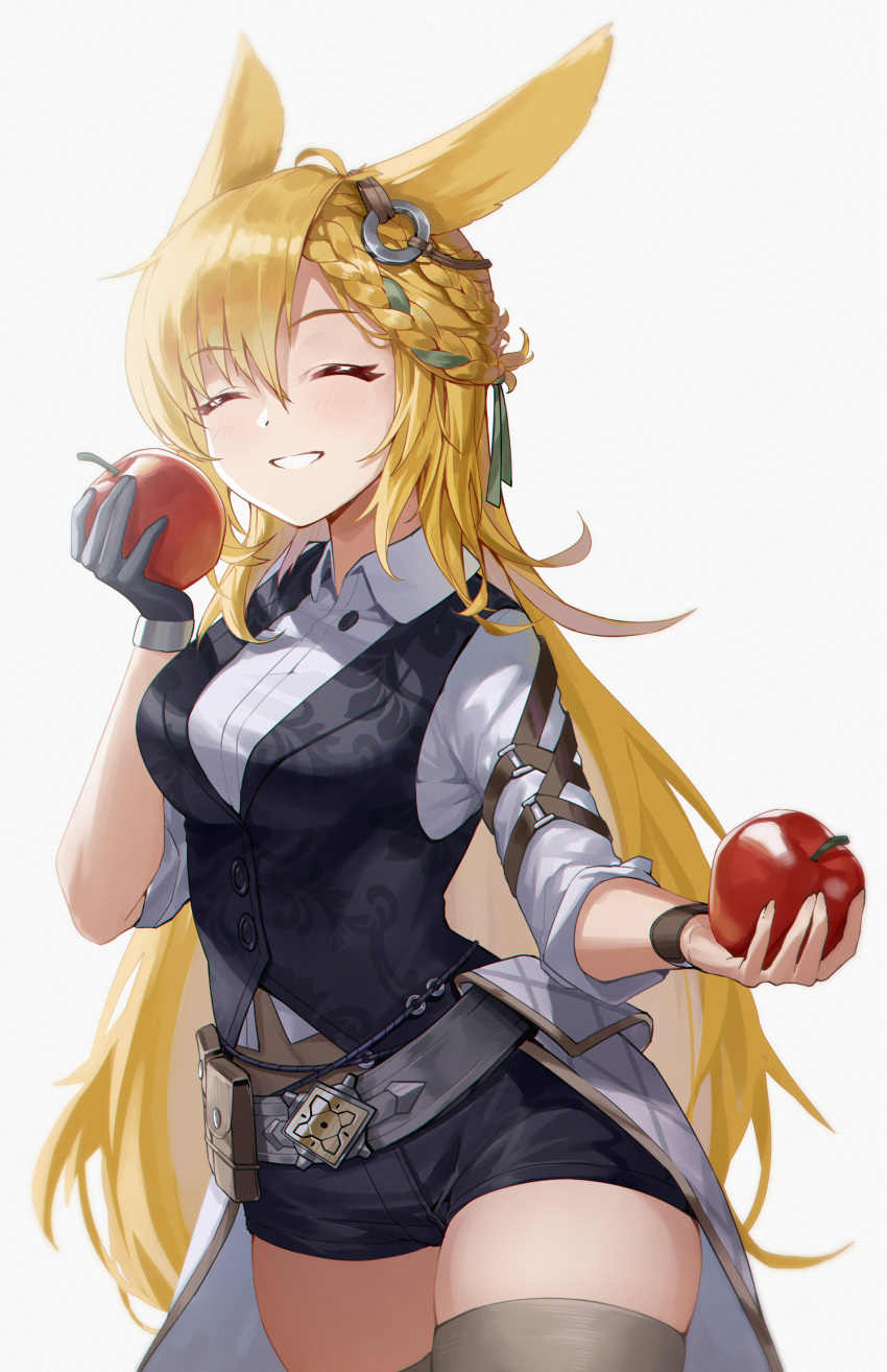 1girl :d absurdres animal_ears apple arknights bangs belt belt_pouch black_gloves black_shorts black_vest blonde_hair braid breasts brown_legwear closed_eyes collared_shirt covered_navel cowboy_shot eyebrows_visible_through_hair facing_viewer food fruit gloves green_ribbon hair_ribbon highres holding holding_food holding_fruit kroos_(arknights) kroos_the_keen_glint_(arknights) long_hair medium_breasts mo_ying_yu parted_lips pouch rabbit_ears ribbon shirt short_shorts shorts simple_background single_glove sleeves_folded_up smile solo thighhighs very_long_hair vest waist_cape white_background white_shirt wristband