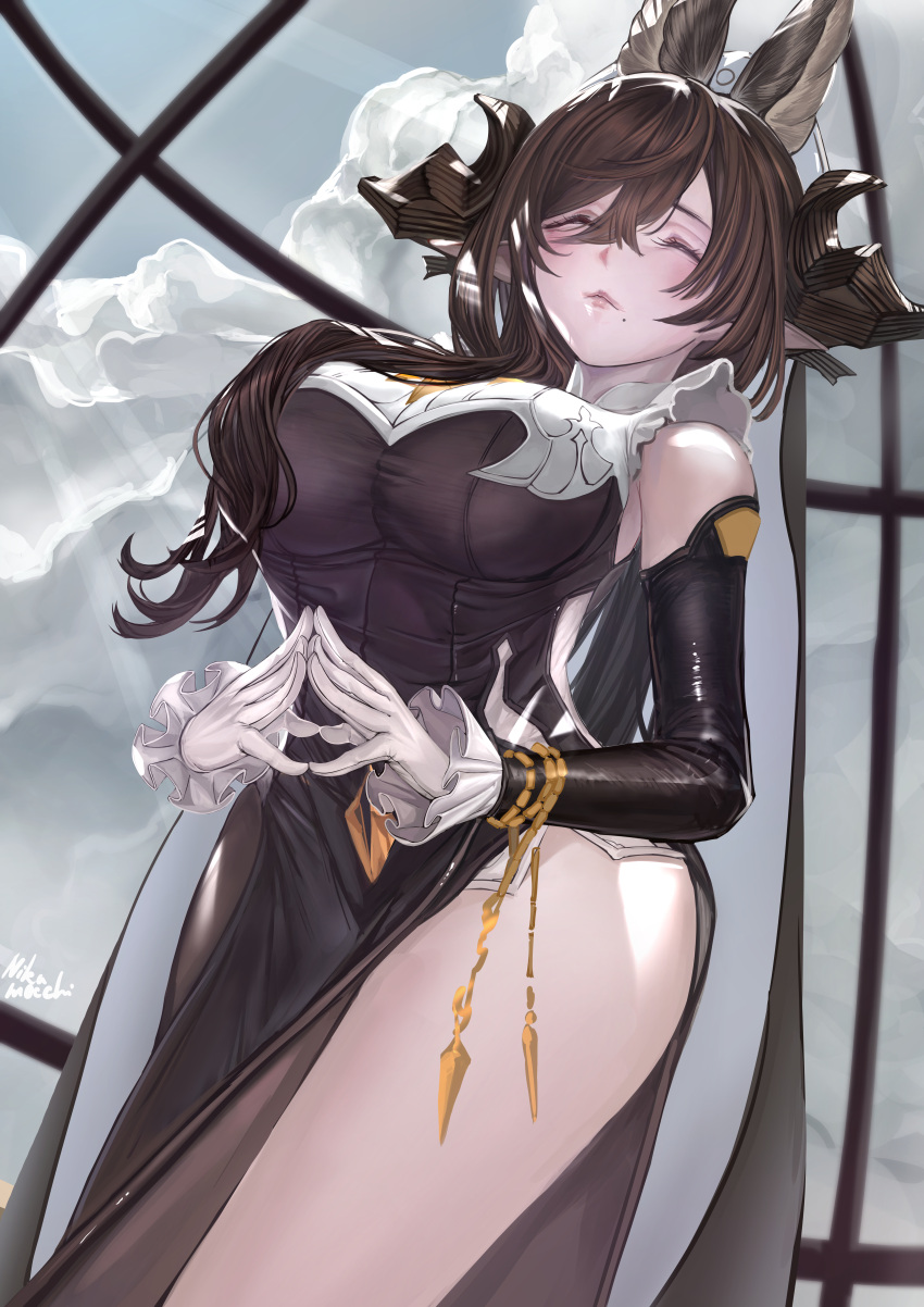 1girl absurdres animal_ears artist_name bangs black_dress blue_sky blush breasts closed_eyes closed_mouth cloud cloudy_sky commentary_request detached_sleeves dress erune galleon_(granblue_fantasy) gloves granblue_fantasy hat highres horns large_breasts lips long_hair mole mole_under_mouth nikumocchi side_slit signature simple_background sky thighs white_gloves