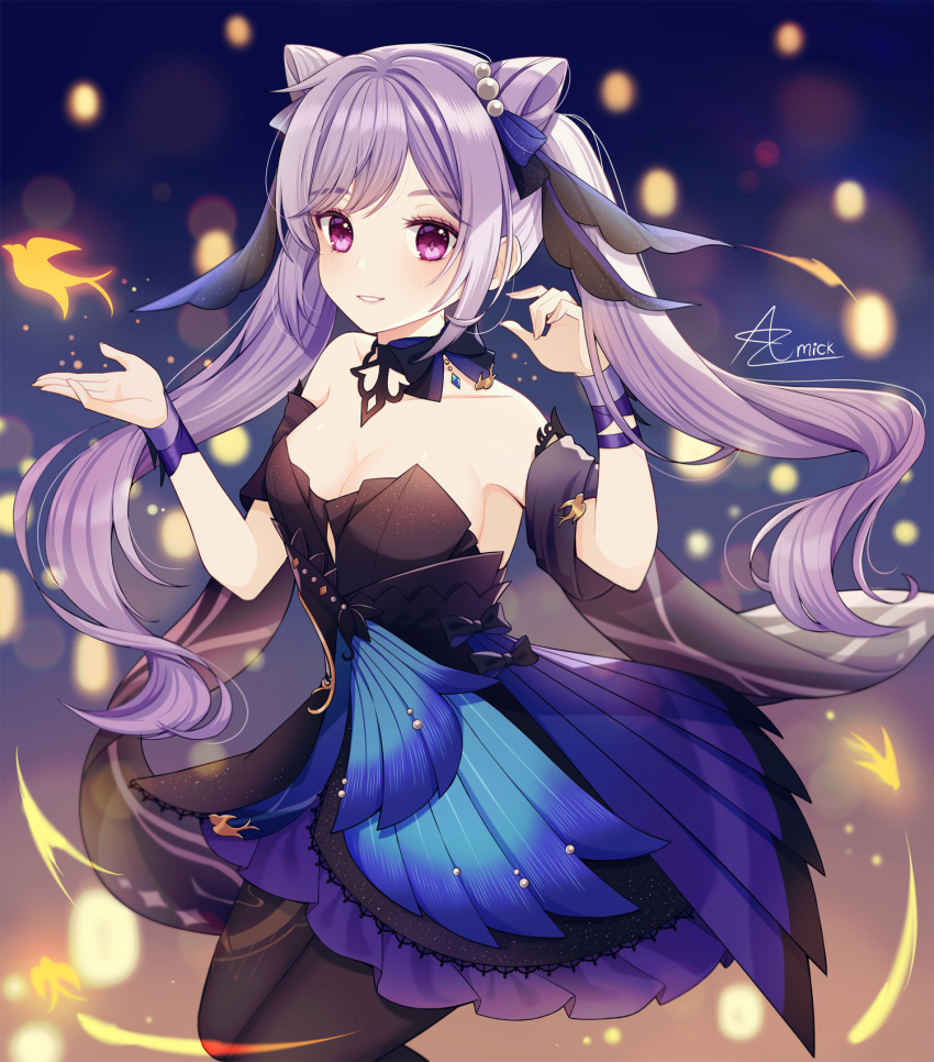 1girl amick_(americanomix) bangs black_bow black_dress black_legwear blush bow breasts cleavage collarbone dress eyebrows_visible_through_hair floating_hair genshin_impact grin hair_ornament highres keqing_(genshin_impact) long_hair looking_at_viewer medium_breasts pantyhose purple_eyes purple_hair sash shiny shiny_hair short_dress smile solo strapless strapless_dress very_long_hair