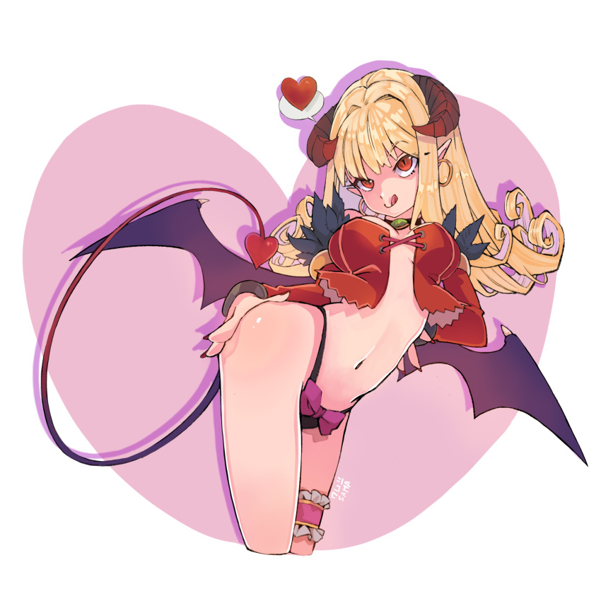 1girl :q bangs bat_wings black_choker black_panties blonde_hair bow bow_panties breasts brown_eyes choker cleavage closed_mouth commentary contrapposto corset demon_girl demon_tail demon_wings earrings eyebrows_visible_through_hair feet_out_of_frame heart heart_background highres hoop_earrings horns jewelry kemushi_sama long_hair looking_at_viewer medium_breasts panties pointy_ears purple_bow ragnarok_online smile solo spoken_heart succubus_(ragnarok_online) tail thigh_strap tongue tongue_out underwear white_background wings