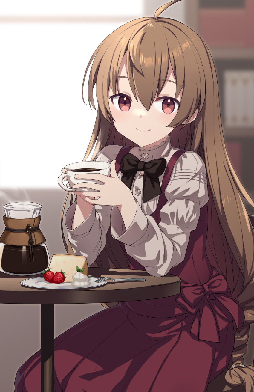 1girl absurdres ahoge black_bow blush bow bowtie braid brown_hair cake coffee coffee_pot cup dress food fork fruit highres hiraga_matsuri holding holding_cup long_hair long_sleeves looking_at_viewer low-braided_long_hair original pink_eyes plate puffy_sleeves red_dress sitting smile solo strawberry table very_long_hair