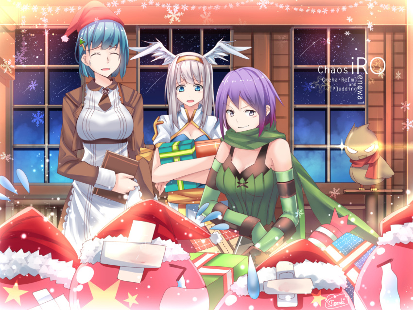 3girls alty_(ragnarok_online) apron arch_bishop_(ragnarok_online) bangs bird black_sports_bra blue_dress blue_eyes blue_hair blush breasts brown_dress candy christmas cleavage cleavage_cutout clip_studio_paint_(medium) closed_eyes closed_mouth clothing_cutout commentary cowboy_shot crossed_bandaids dress elbow_gloves english_commentary eyebrows_visible_through_hair falcon feathered_wings food gift gloves green_gloves green_scarf green_tube_top grey_hair hairband hat head_wings highres holding holding_gift indoors kafra_uniform long_hair looking_at_viewer medium_breasts mizonaki multiple_girls open_mouth poring purple_eyes purple_hair ragnarok_online ranger_(ragnarok_online) santa_hat sash scarf short_hair slime_(creature) smile snowflakes sports_bra strapless sweatdrop tube_top two-tone_dress white_apron white_wings wings yellow_hairband yellow_sash