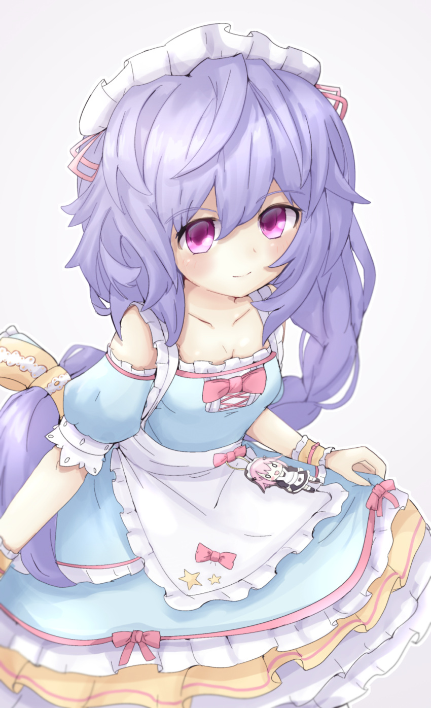 1girl alternate_costume apron bare_shoulders blush braid breasts dress enmaided frilled_dress frills hair_ornament highres kami_jigen_game_neptune_v layered_dress long_hair maid maid_apron maid_headdress neptune_(series) open_mouth puffy_short_sleeves puffy_sleeves purple_eyes purple_hair pururut ribbon short_sleeves solo very_long_hair waist_apron white_background