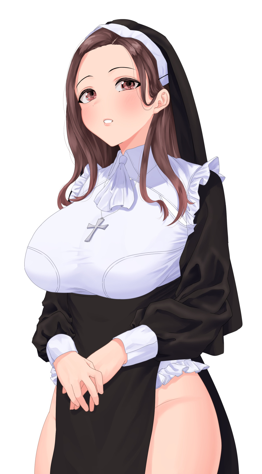 1girl absurdres amane_a_(007_uiro) blush breasts brown_eyes brown_hair cross cross_necklace groin highres jewelry light_blush long_hair necklace nun original parted_lips simple_background solo veil white_background