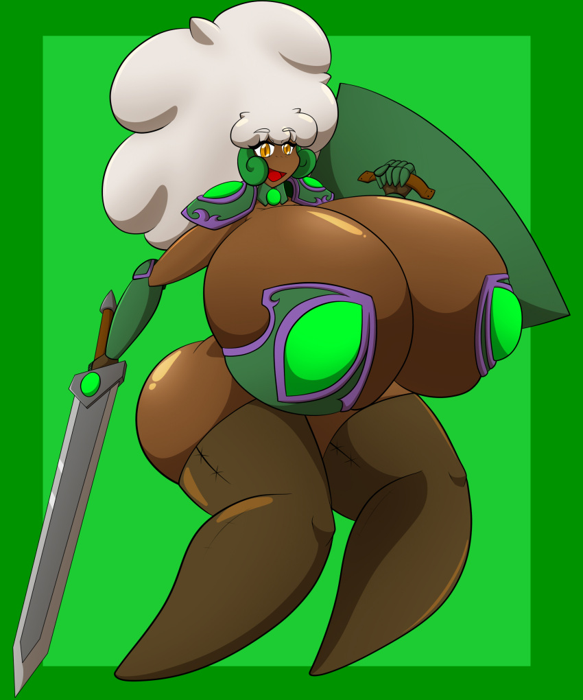 absurd_res anthro armor big_breasts big_butt breasts butt cleavage clothed clothing elemental_creature female flora_fauna hi_res huge_breasts hyper hyper_breasts melee_weapon nintendo plant pok&eacute;mon pok&eacute;mon_(species) poofy_hair shield solo sword thick_thighs ultrazeta120 video_games weapon whimsicott whitty_woolock