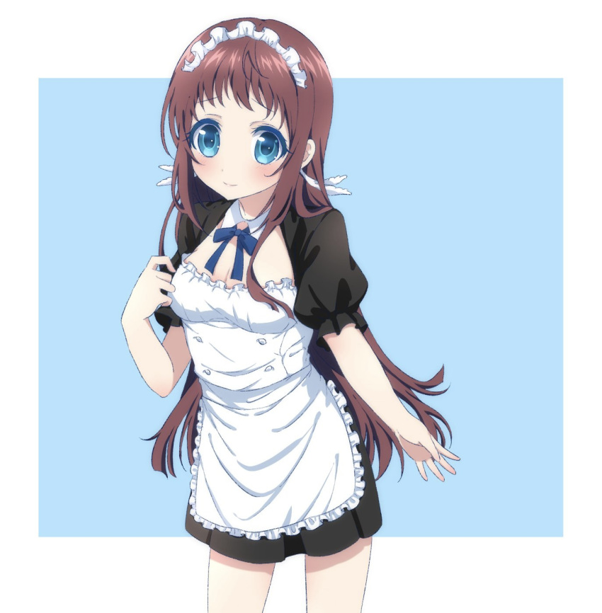 1girl alternate_costume apron black_skirt blue_eyes bodice breasts brown_hair enmaided frilled_apron frills highres leaning_forward long_hair maid maid_headdress mukaido_manaka nagi_no_asukara nisaka_ooo pleated_skirt puffy_short_sleeves puffy_sleeves short_sleeves skirt small_breasts smile solo standing white_apron