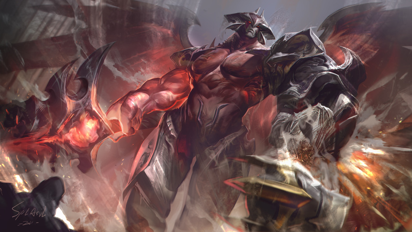 1boy aatrox absurdres armor closed_mouth colored_skin from_below galio glowing glowing_eyes helm helmet highres holding holding_sword holding_weapon league_of_legends muscular muscular_male red_eyes red_skin solo_focus sword weapon wings wutu_(1183238220)