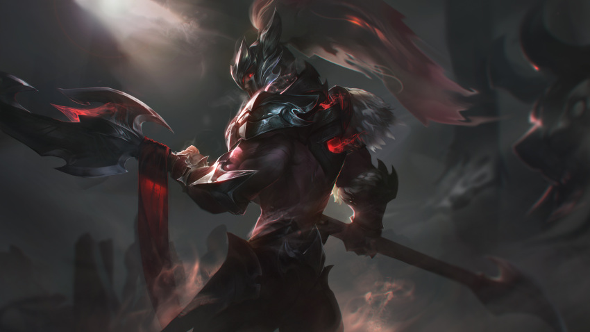 1boy absurdres armor character_request check_character dark_skin from_side helm helmet highres holding holding_weapon league_of_legends long_hair looking_at_viewer muscular muscular_male outdoors polearm red_eyes shoulder_armor sideways_glance solo spear weapon white_hair wutu_(1183238220) xin_zhao