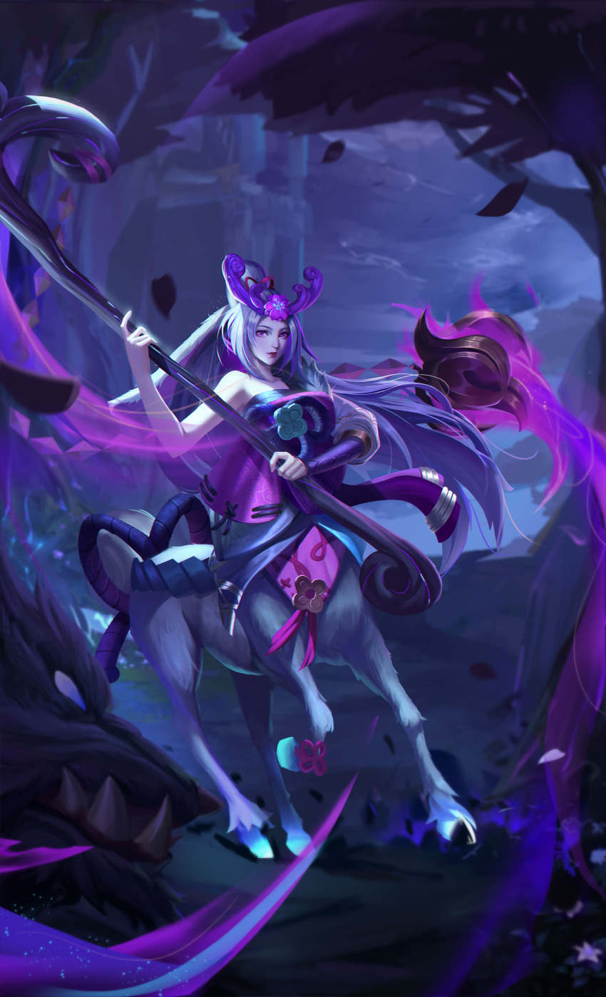 05_yao_qi 1girl absurdres animal bangs bare_shoulders centaur flower hair_flower hair_ornament highres holding league_of_legends lillia_(league_of_legends) long_hair looking_at_viewer night outdoors smile solo spirit_blossom_(league_of_legends) spirit_blossom_lillia staff taur wolf