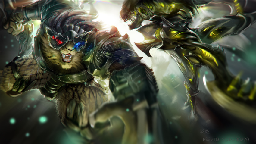 2boys absurdres alien alien_vs._predator armor blue_eyes glowing helmet heterochromia highres holding holding_weapon kha'zix league_of_legends looking_at_viewer multiple_boys open_mouth pixiv_id red_eyes rengar saliva sharp_teeth shoulder_armor teeth tongue translation_request vambraces weapon wutu_(1183238220)