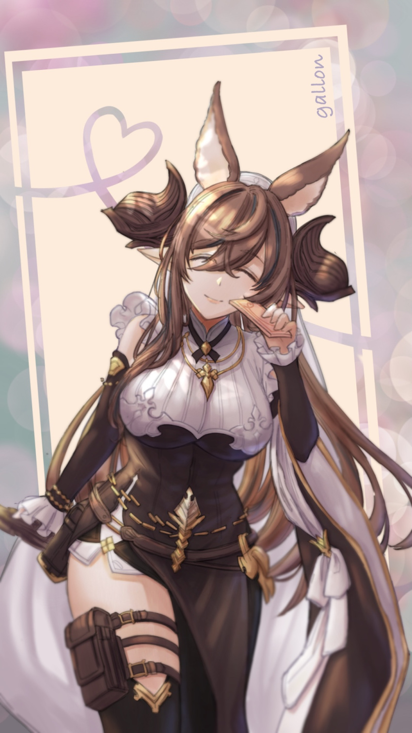 1girl animal_ears asymmetrical_legwear bangs belt black_dress blue_hair breast_curtains breasts brown_hair character_name chocolate closed_eyes cowboy_shot crossed_bangs detached_sleeves dress extra_ears eyebrows_visible_through_hair food frills galleon_(granblue_fantasy) granblue_fantasy hair_between_eyes heart highres holding holding_chocolate holding_food holster horns large_breasts long_hair multicolored_hair pelvic_curtain pointy_ears simple_background single_leg_pantyhose single_thighhigh smile standing stella streaked_hair thigh_holster thighhighs valentine veil