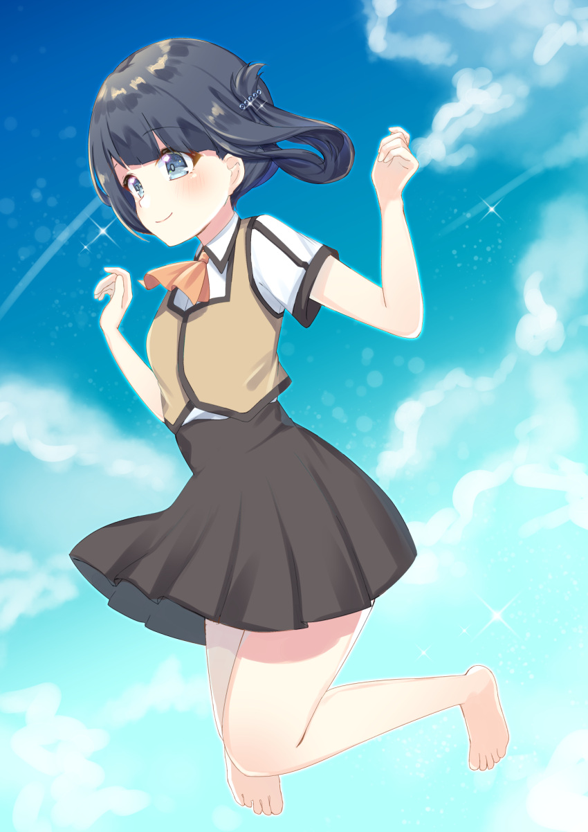 1girl ascot barefoot black_hair blue_eyes blue_sky brown_skirt brown_vest cloud commentary_request dress_shirt folded_hair hair_rings highres jumping long_hair mihama_junior_high_school_uniform nagi_no_asukara orange_ascot school_uniform shiodome_miuna shirt short_sleeves skirt sky solo suzu_(minagi) twintails vest white_shirt