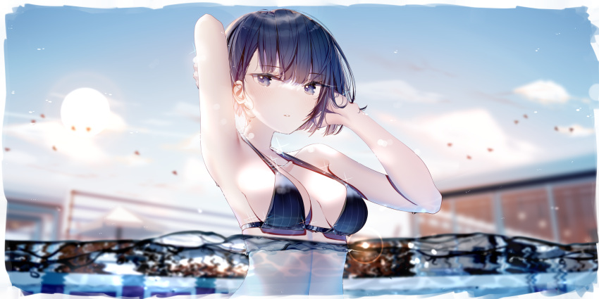 1girl arm_behind_head arm_up atha_(leejuiping) bangs bare_arms bare_shoulders bikini black_bikini black_hair blue_eyes blush breasts collarbone commentary_request day eyebrows_visible_through_hair hand_up highres kiritani_haruka looking_at_viewer medium_breasts outdoors parted_lips partially_submerged partially_underwater_shot project_sekai short_hair solo sun swimsuit water