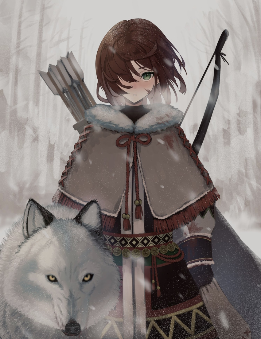 1girl arrow_(projectile) blush bow_(weapon) brown_hair fog gloves green_eyes hair_over_one_eye haruwo highres looking_at_viewer original parted_lips short_hair snow snowing solo standing tree weapon winter_clothes wolf