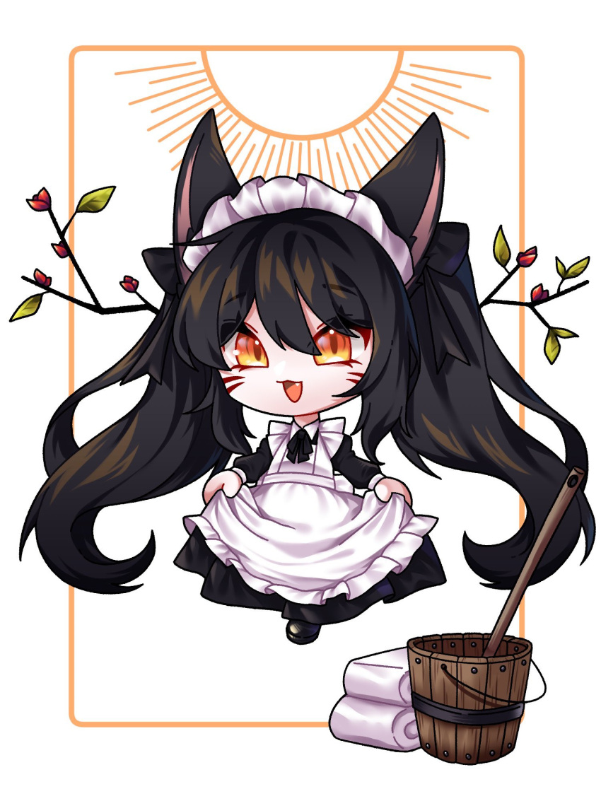 1girl :3 :d ahri_(league_of_legends) alternate_costume animal_ears apron black_hair branch bucket chibi dress eyebrows_visible_through_hair facial_mark fang fox_ears fox_girl frilled_apron frilled_dress frills hair_between_eyes hair_ornament highres korean_commentary league_of_legends lifted_by_self long_sleeves maid maid_apron maid_headdress nhom_(woogi) open_mouth simple_background smile solo sun twintails whisker_markings white_apron white_background wooden_bucket yellow_eyes