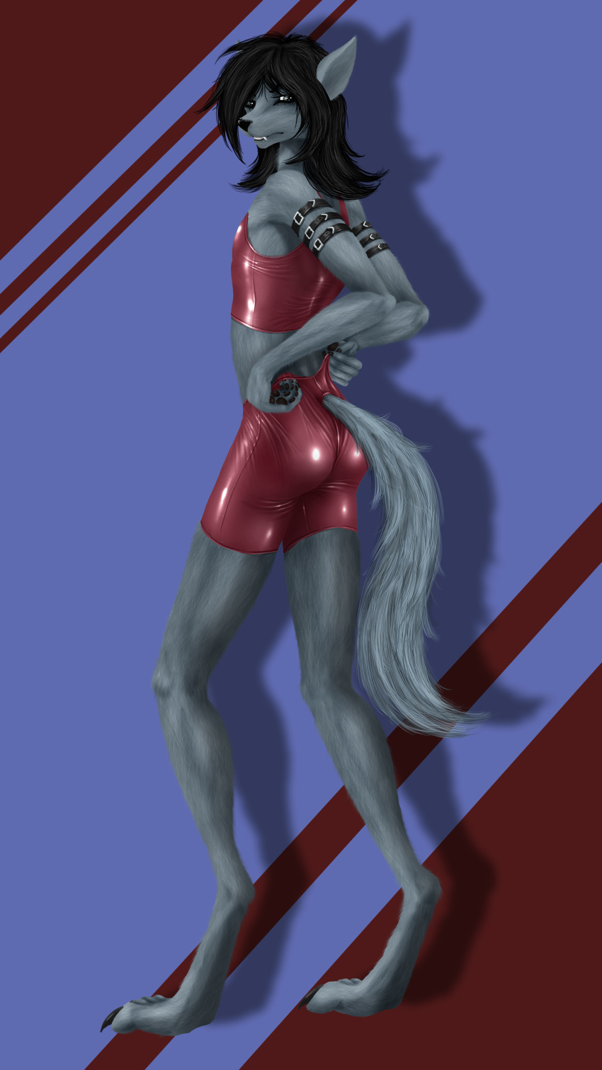 absurd_res anthro bottomwear butt canid canine canis clothing girly hi_res latex_clothing male mammal sample selker shorts solo teasing tight_clothing wolf