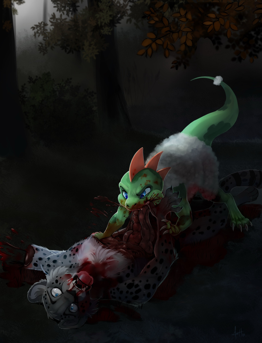 absurd_res anthro blood bodily_fluids duo eating forest forest_background gepard gore guts hard_vore hi_res hybrid imminent_death innards male male/male missing_arm nature nature_background open_belly organs oskar_(character) panur_(character) plant skeleion tree vore