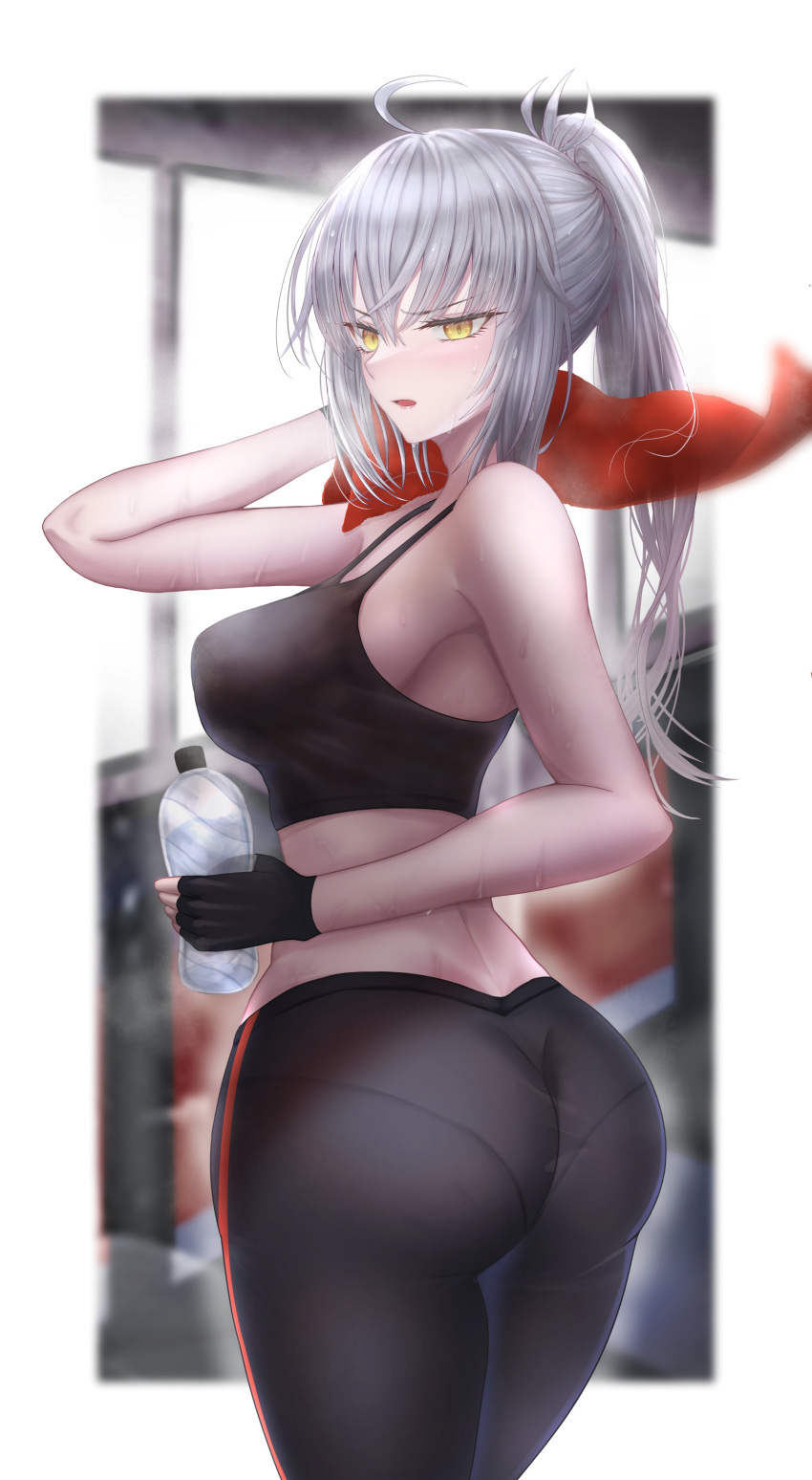 1girl absurdres ahoge ass bangs bare_shoulders blurry blurry_background blush bottle breasts commentary_request fate_(series) fingerless_gloves gloves highres holding indoors jeanne_d'arc_(alter)_(fate) jeanne_d'arc_(fate) large_breasts long_hair looking_at_viewer open_mouth pantylines penguintake plastic_bottle ponytail shiny shiny_hair silver_hair simple_background skin_tight sleeveless solo sweat sweatdrop tank_top tied_hair towel water_bottle yellow_eyes