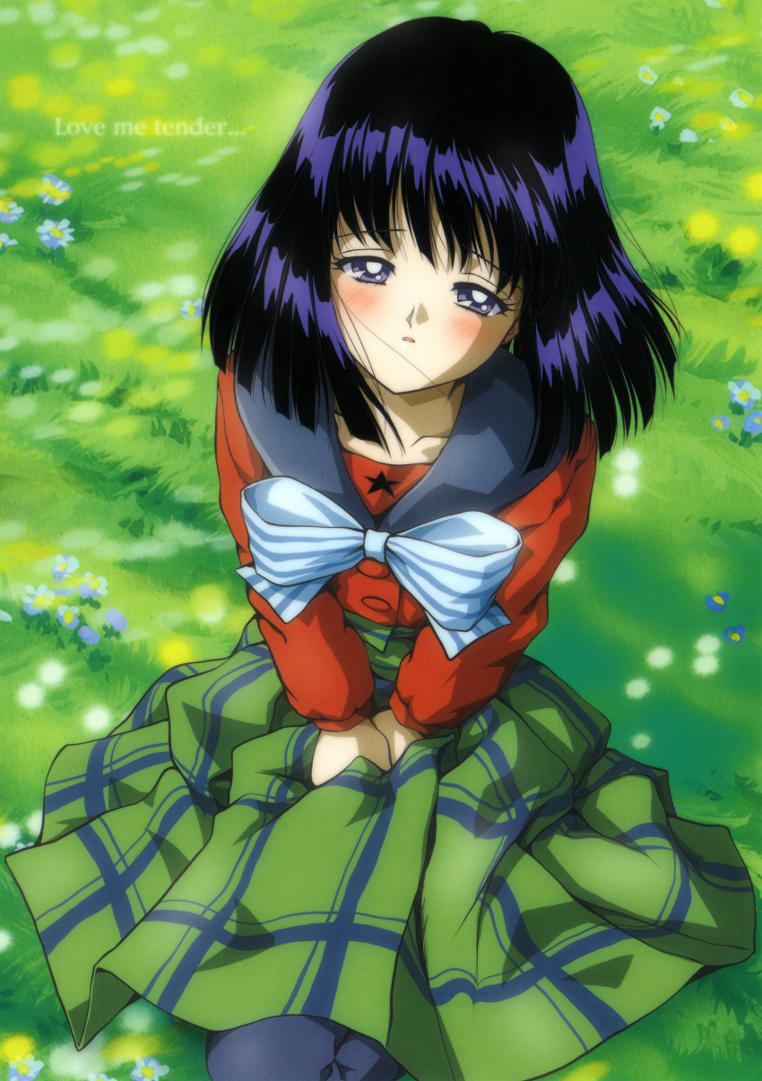 1990s_(style) 1girl bangs bishoujo_senshi_sailor_moon blue_bow blue_legwear blue_sailor_collar blush bow earrings english_text grass green_skirt green_theme half-closed_eyes highres hino_ryutaro jewelry kneeling long_skirt long_sleeves looking_at_viewer looking_up mugen_gakuen_school_uniform non-web_source official_art on_grass pantyhose parted_lips photoshop_(medium) plaid plaid_skirt purple_eyes purple_hair purple_legwear red_shirt retro_artstyle sailor_collar school_uniform shirt short_hair sitting skirt solo striped striped_bow tomoe_hotaru