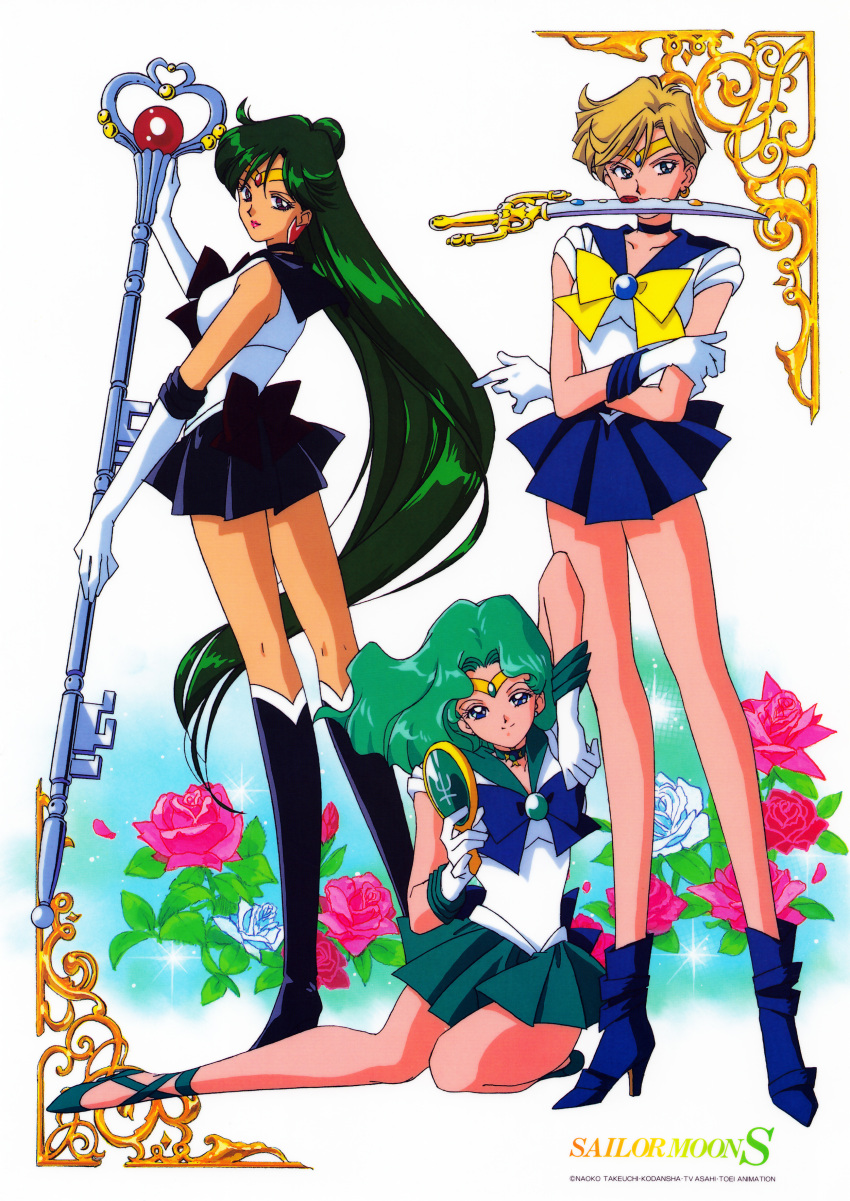 3girls absurdres aqua_hair aqua_skirt bishoujo_senshi_sailor_moon black_footwear black_skirt blue_footwear blue_skirt boots brooch choker copyright_name deep_aqua_mirror earrings elbow_gloves flower garnet_rod gloves green_hair hair_bun high_heels highres holding holding_staff jewelry kaiou_michiru knee_boots leotard light_blue_hair long_hair looking_at_viewer magical_girl meiou_setsuna miniskirt mouth_hold multiple_girls non-web_source official_art outer_senshi pleated_skirt rose sailor_neptune sailor_pluto sailor_senshi sailor_uranus skirt smile space_sword staff standing strappy_heels ten'ou_haruka tiara very_long_hair