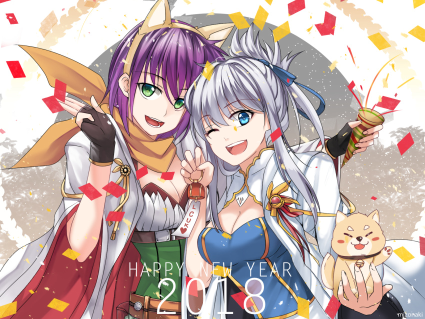 2018 2girls animal animal_ears arch_bishop_(ragnarok_online) bangs bell black_gloves blue_dress blue_eyes breasts chinese_zodiac cleavage cleavage_cutout clothing_cutout commentary confetti dog dog_ears dress english_commentary eyebrows_visible_through_hair fake_animal_ears fingerless_gloves folded_ponytail frilled_dress frills gloves gold_trim green_eyes grey_hair hair_between_eyes happy_new_year highres holding holding_animal holding_bell holding_dog looking_at_viewer medium_breasts mizonaki multiple_girls new_year official_alternate_costume open_mouth party_popper purple_hair ragnarok_online ranger_(ragnarok_online) scarf shiba_inu short_hair smile two-tone_dress underbust upper_body white_dress year_of_the_dog yellow_scarf