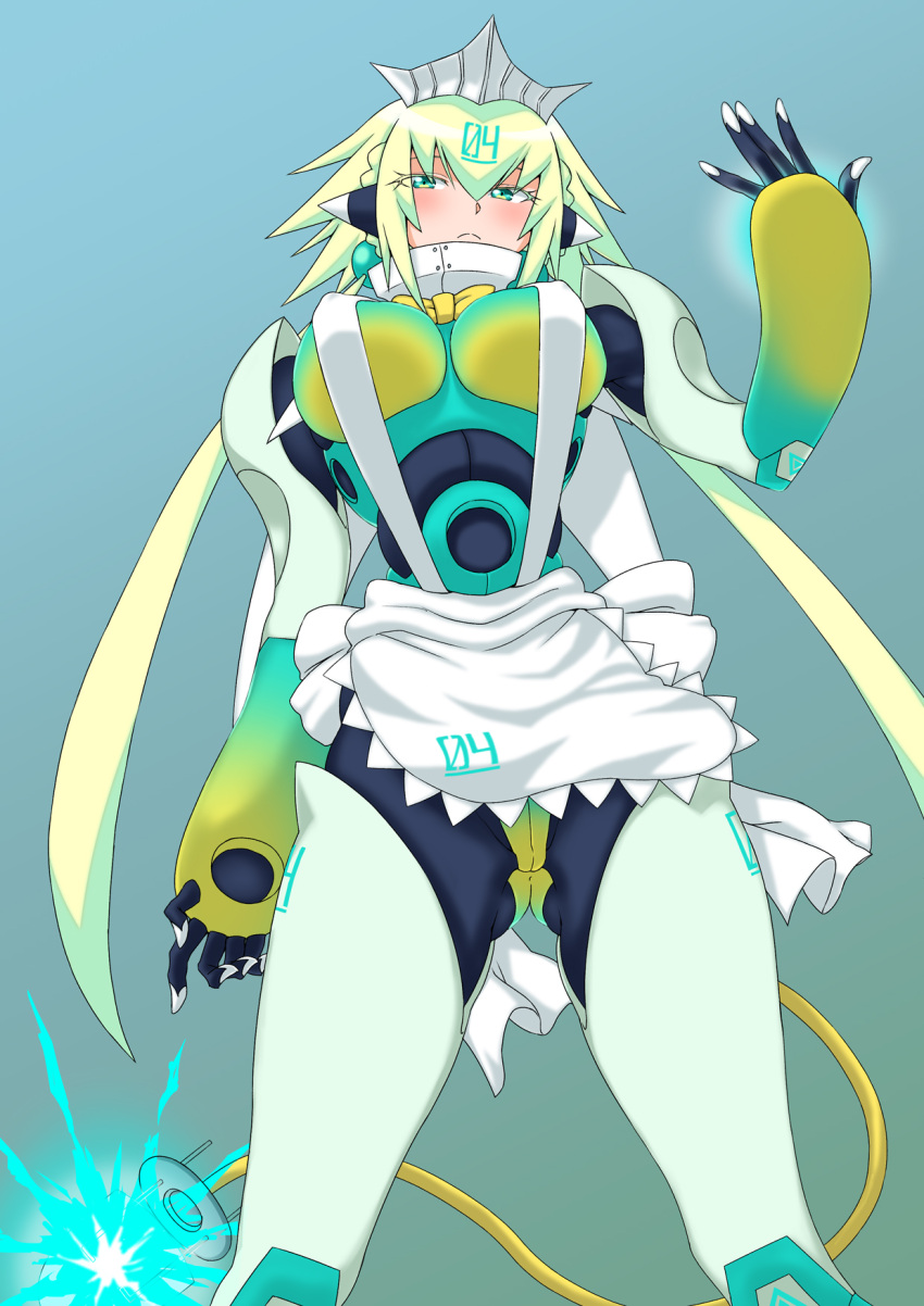 1girl android apron aqua_eyes arm_behind_back ass_visible_through_thighs bangs bombergirl bow bowtie breasts cable cable_tail closed_mouth colored_eyelashes covered_nipples electricity emera_(bombergirl) eyelashes eyes_visible_through_hair frown gradient gradient_background hair_between_eyes hair_bobbles hair_ornament hand_up highres joints light_green_hair long_hair low_twintails maid_apron medium_breasts pansy_orchid robot_joints solo split_mouth tail twintails very_long_hair waist_apron white_apron yellow_bow yellow_bowtie yellow_tail
