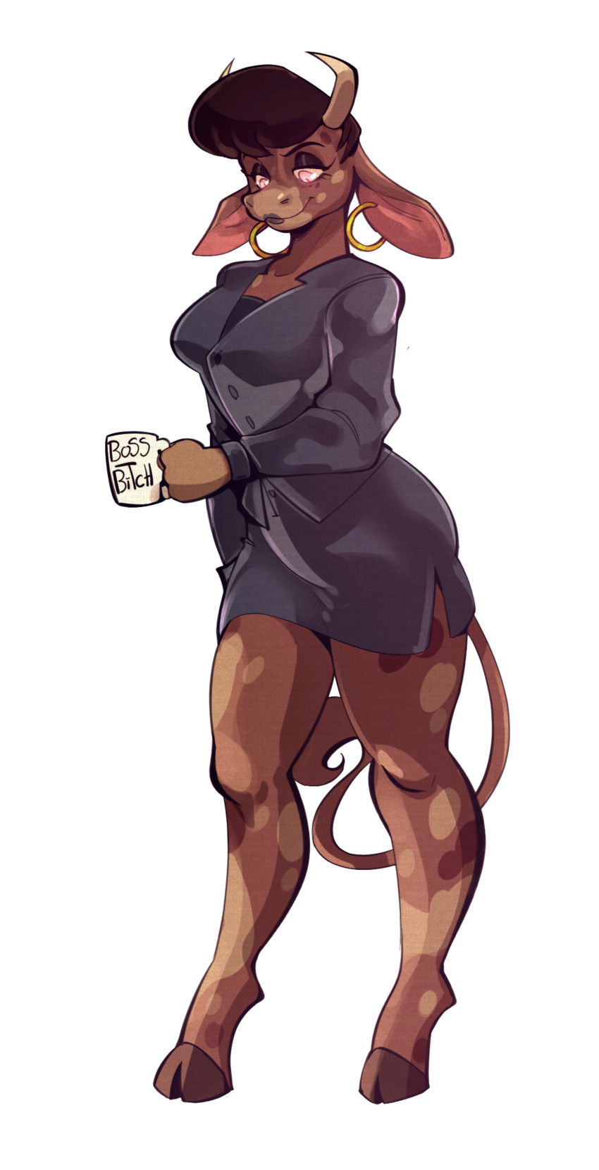 2_horns absurd_res alpha_channel anthro beverage bottomwear bovid bovine brown_body brown_fur brown_hair brown_skin business business_attire business_suit cattle clarisse_abernathy clothed clothing coffee coffee_cup coffee_mug colored container cup curled_tail detailed digital_drawing_(artwork) digital_media_(artwork) digitigrade dress_shirt ear_piercing ear_ring female fur hair hi_res hoop_ear_ring hooves horn jdwalkrat lips looking_down mammal miniskirt piercing pink_eyes pompadour shaded shirt simple_background skirt smile solo spots spotted_body suit thick_thighs toony topwear transparent_background wide_hips work_uniform