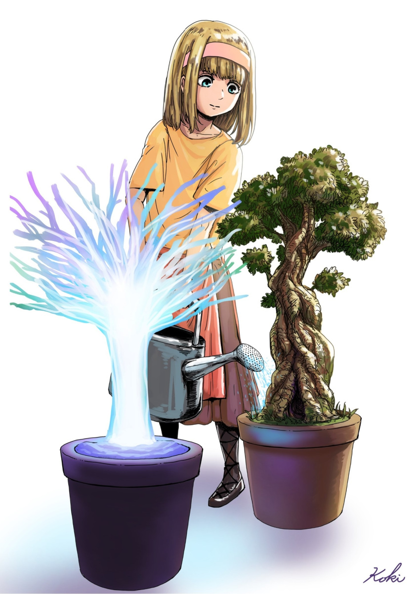 1girl bangs black_footwear blonde_hair blue_eyes blunt_bangs closed_mouth full_body hairband highres holding holding_watering_can koki_ant medium_hair orange_shirt plant potted_plant red_skirt shingeki_no_kyojin shirt shoes short_sleeves simple_background skirt smile solo standing watering watering_can white_background ymir_fritz