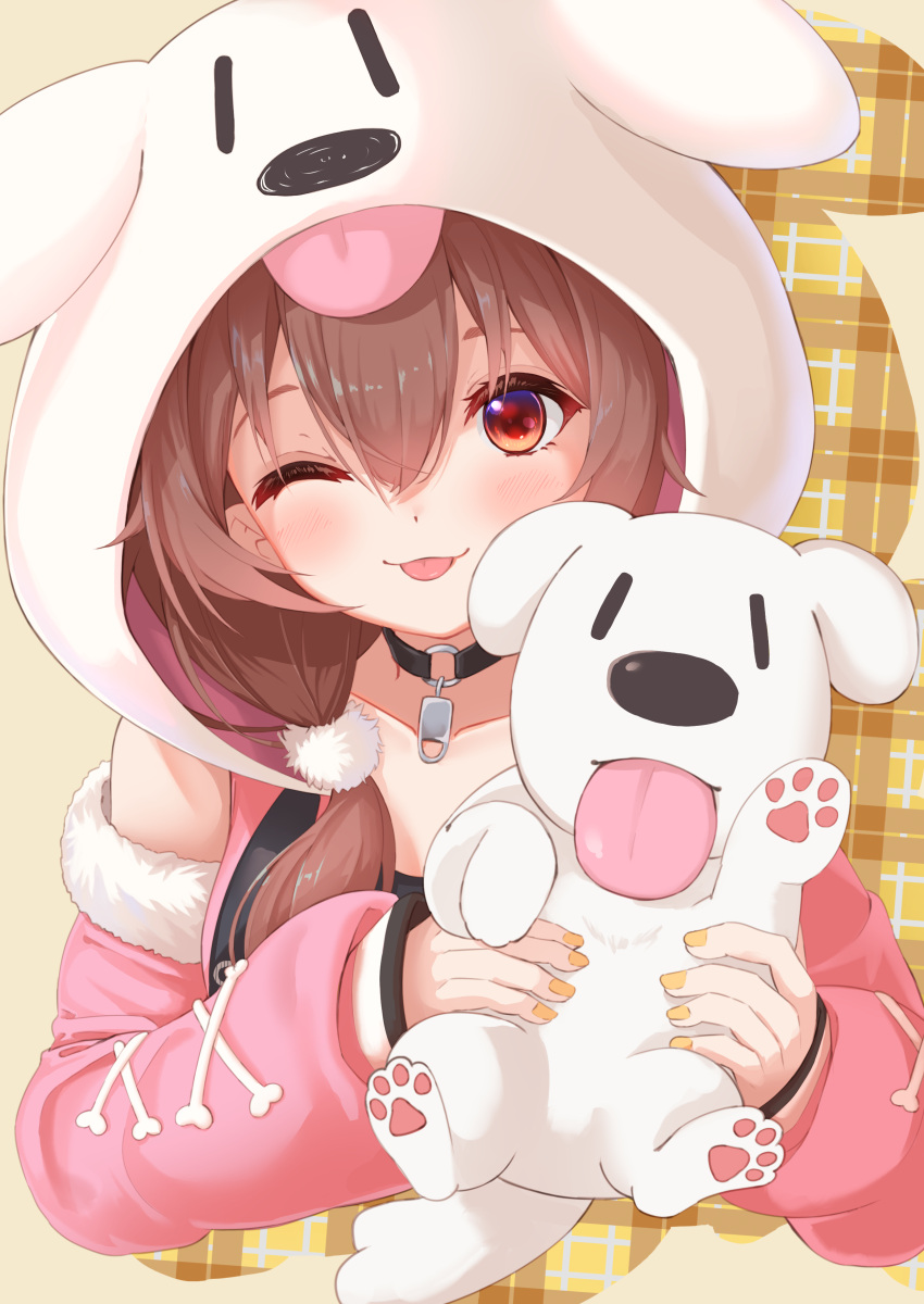 1girl ;p absurdres animal animal_ears animal_hood bangs black_tank_top blush brown_background brown_hair closed_mouth commentary_request cropped_torso dog dog_ears dog_hood eyebrows_behind_hair fake_animal_ears fur-trimmed_sleeves fur_trim hair_between_eyes hands_up highres holding holding_animal hololive hood hoso-inu inugami_korone long_sleeves nyoon one_eye_closed pink_sleeves plaid plaid_background puffy_long_sleeves puffy_sleeves red_eyes sleeves_past_wrists smile tank_top tongue tongue_out upper_body virtual_youtuber