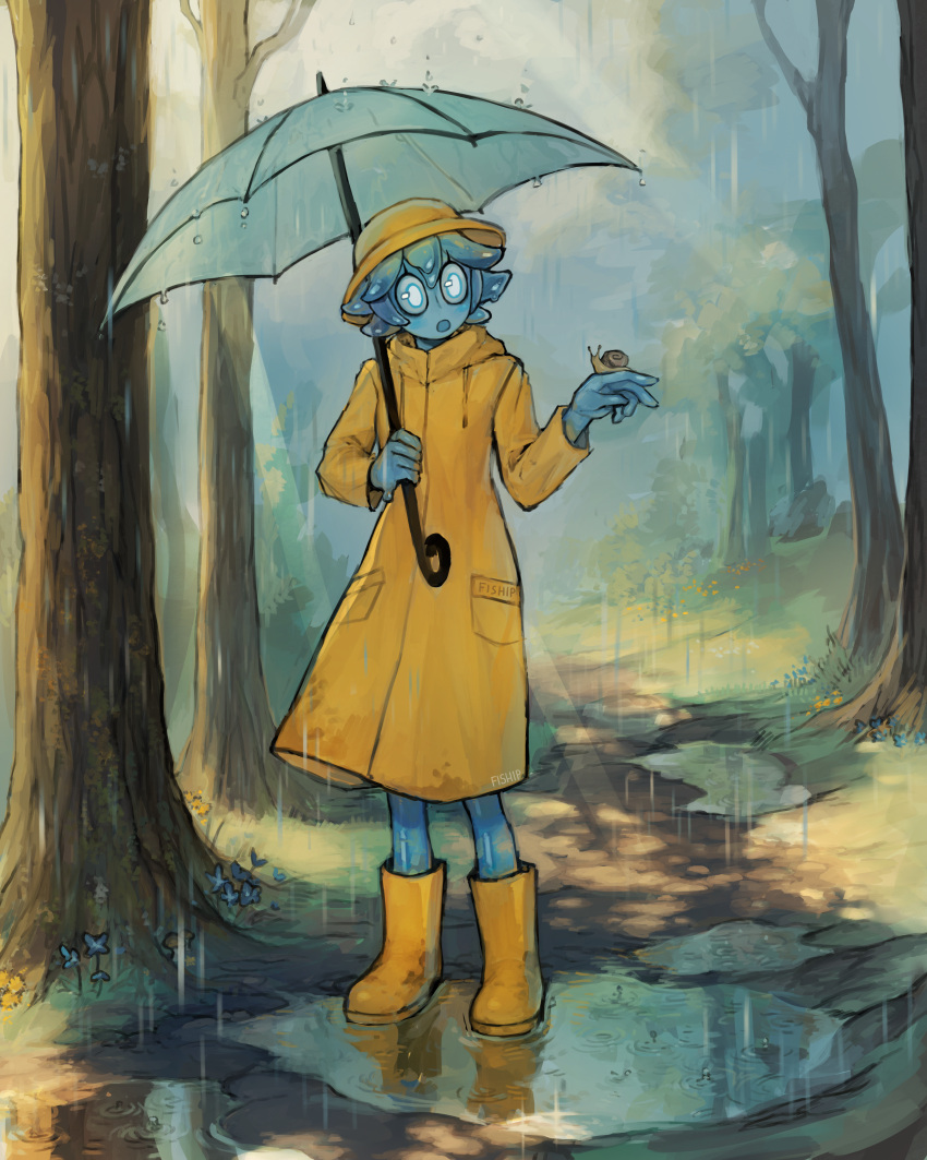 1girl :o absurdres artist_name blue_hair blue_skin blue_slime boots colored_skin day drawstring english_commentary flower forest full_body grass hat highres holding holding_umbrella light_rays long_sleeves matilda_fiship monster_girl naked_raincoat nature original outdoors puddle rain raincoat rubber_boots short_hair slime_girl snail snail_on_hand solo tree umbrella water_drop yellow_footwear yellow_headwear yellow_raincoat